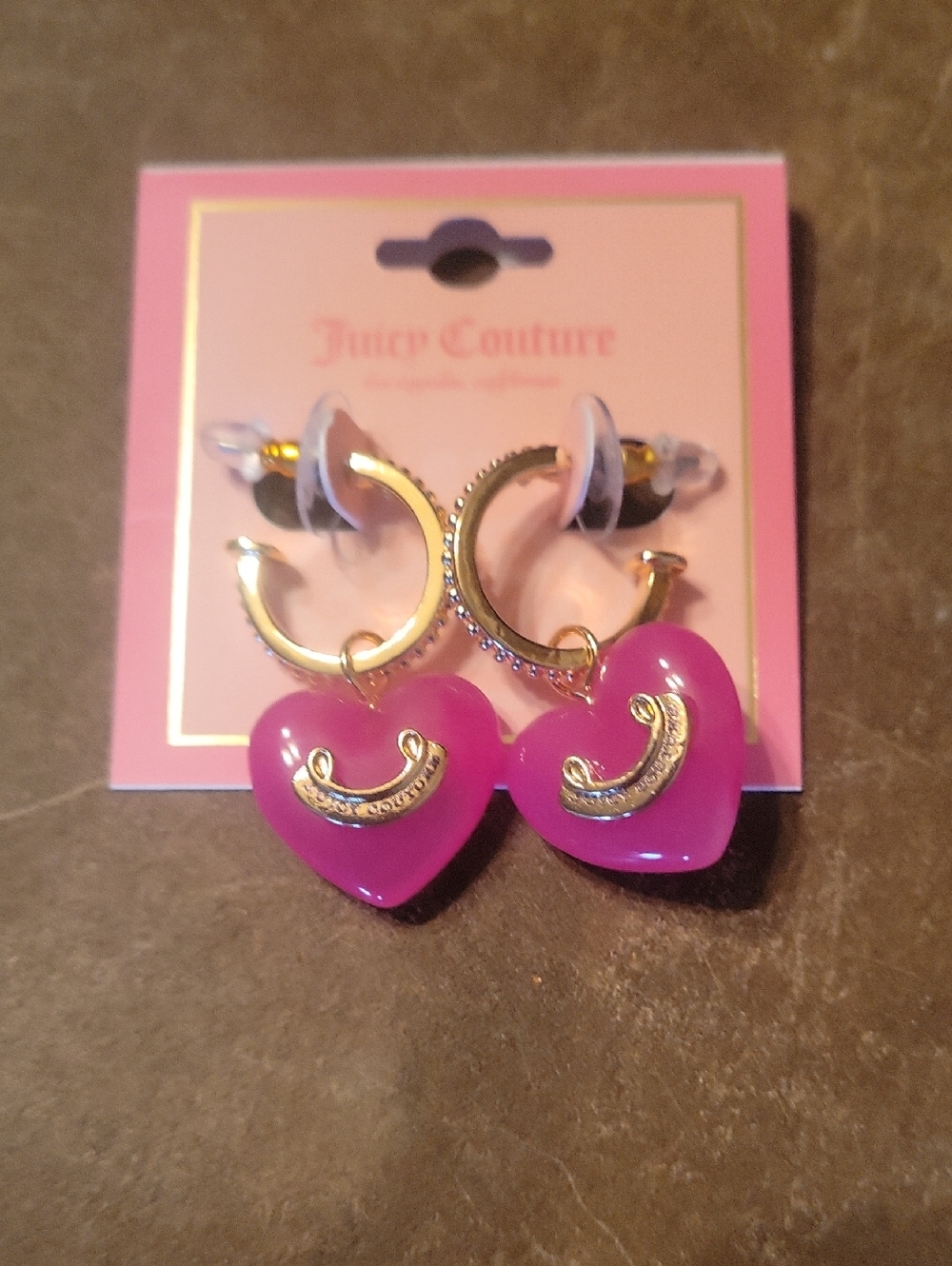 Juicy Couture NIP Gold Hoop Earrings with Hot Pink Heart Charms. Party Time